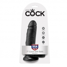 KING COCK - 7 DILDO PRETO COM BOLAS 17.8 CM