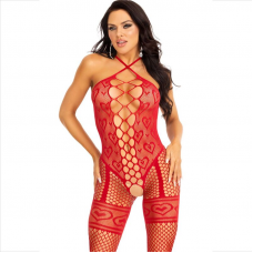 LEG AVENUE - BODYSTOCKING NECK HALTER RED HEARTS RED